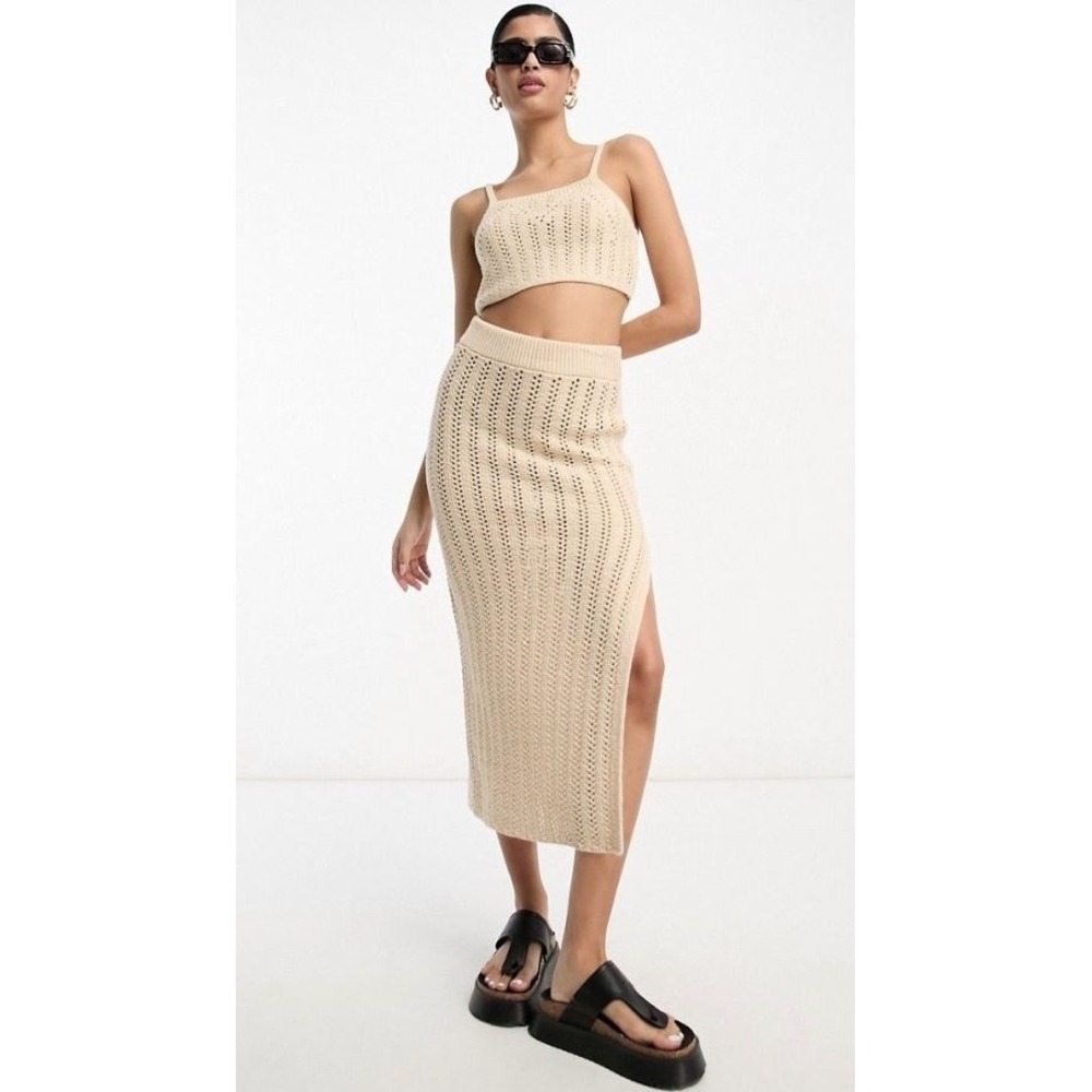 Freshman 1996 Women's 2 Piece Knit Crop Top & Midi Side Slit Skirt Tan Medium